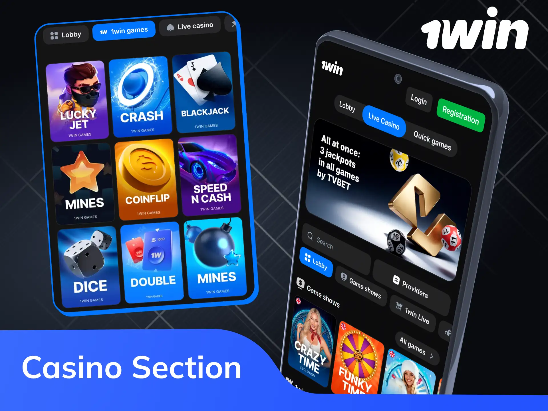 Casino section in the 1win mobile app showing game categories