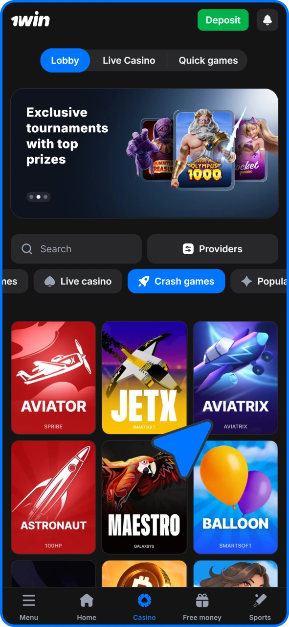 Find Aviatrix game at 1win casino.