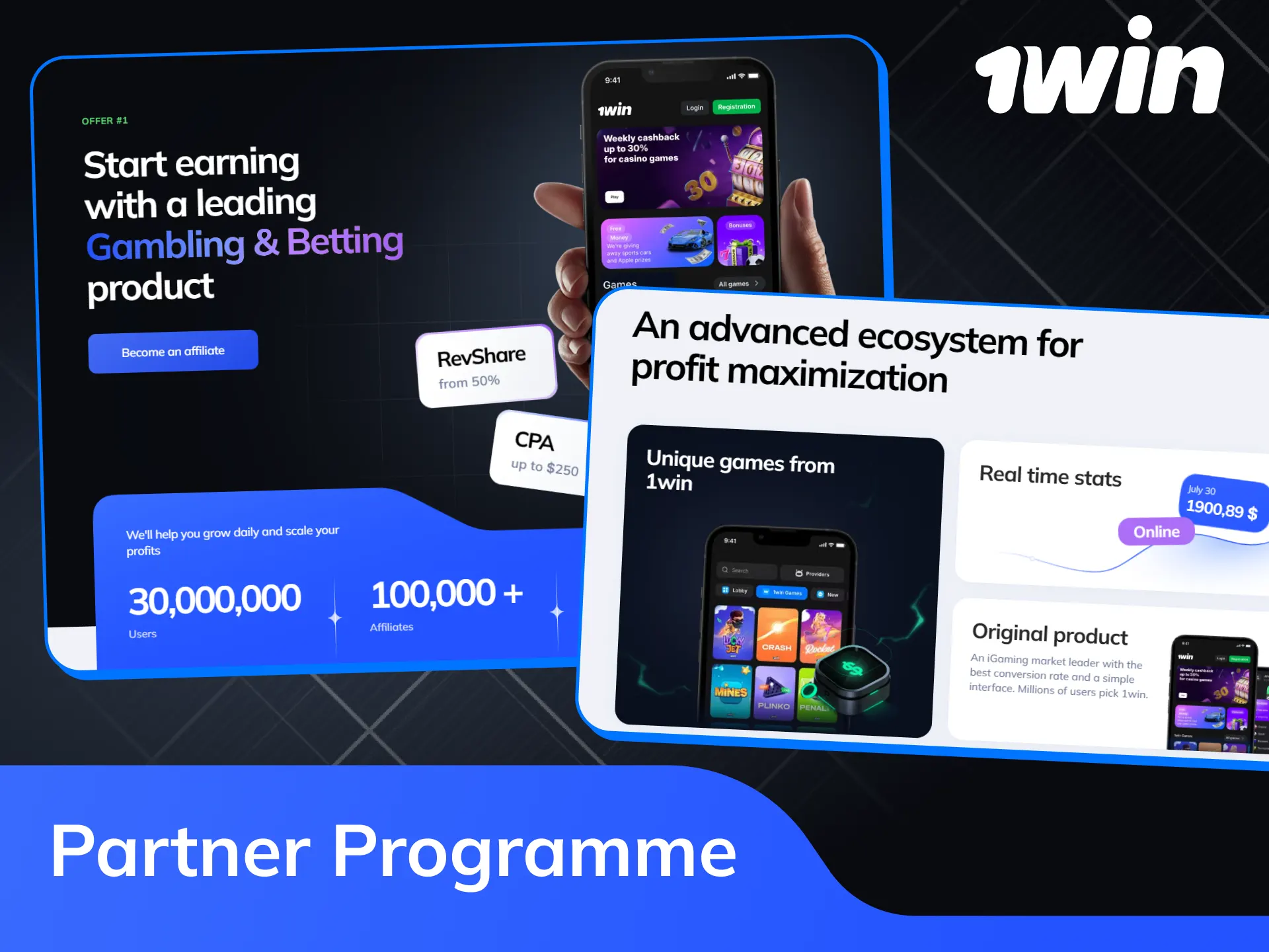 Join the partner programme with 1win to earn steady income.