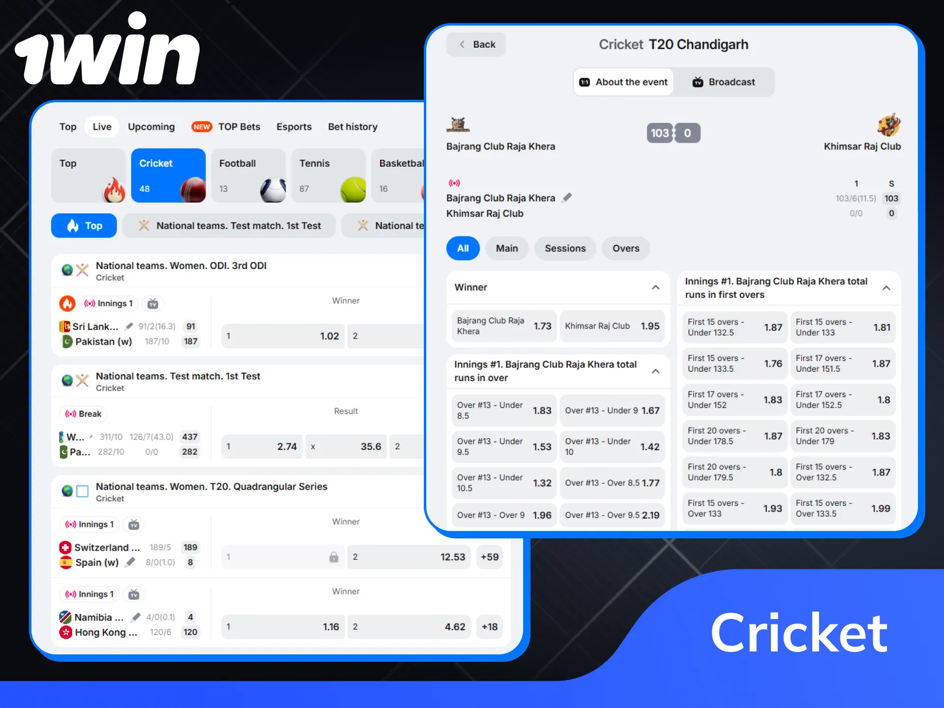 Bet on popular cricket matches with great odds at 1win India.
