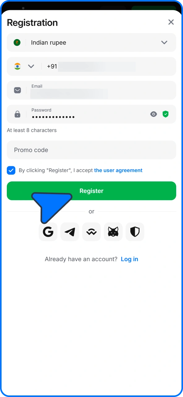 Click register button to create your 1win account.