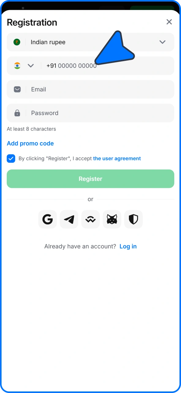 Type in your data at 1win registration form fields.