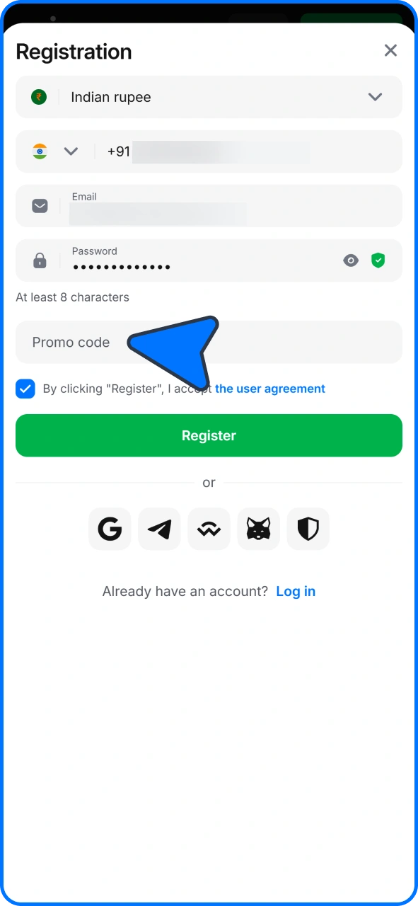 Add promo code at 1win registration form.