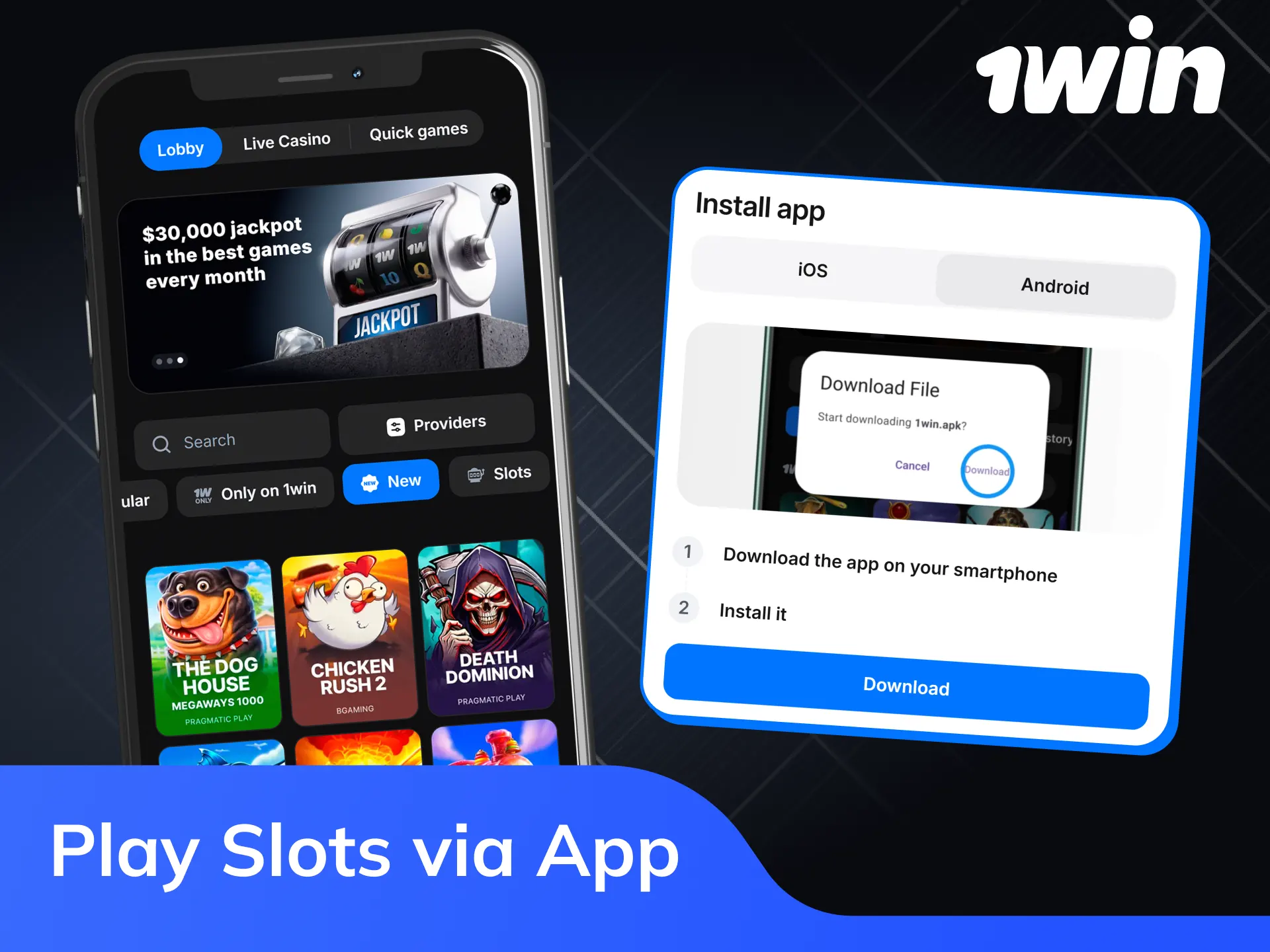 1win mobile app slots interface on smartphone